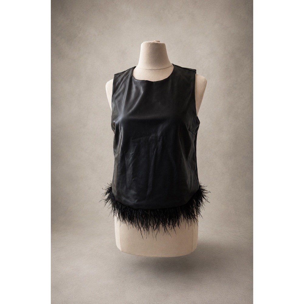 FORCYNTHIA Black Faux Leather Feather Trim Sleeveless Top Size L - Picture 5 of 6